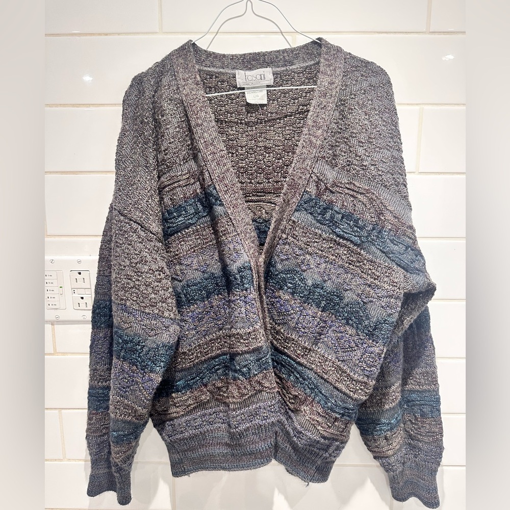 Title:
Vintage Tosani Wool Blend Marled Knit Cardigan Oversized Cozy Fit Large